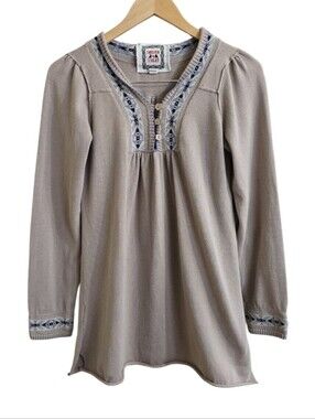 Chelsea & Violet Boho Cottagecore Tan & Blue Knit Rolled Hem Tunic. Size Medium